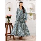 Green Blue Hand Block Printed Cotton Dress with Belt