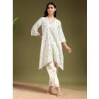 White Printed Cotton Slub Kurta with Pants- Set of 2