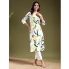 White Printed Cotton Kurta with Pants- Set of 2