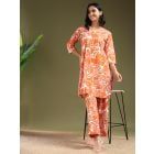 Orange Printed Cotton Kurta with Pants- Set of 2