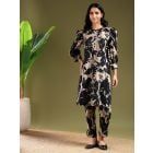 Black Printed Cotton Kurta with Pants- Set of 2