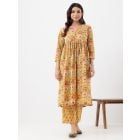 Yellow Hand Block Printed Cotton Kurta with Pants- Set of 2