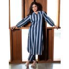 Blue Striped Printed Cotton Kurta with Pants - Set of 2