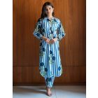 Blue Striped Printed Cotton Kurta with Pants - Set of 2