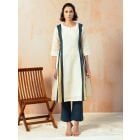 White Color Block Cotton Linen Kurta with Pants - Set of 2