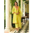 Lime Yellow Embroidered Organza Dupatta