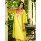 Lime Yellow Embroidered Viscose Chanderi Kurta with Pants- Set of 2