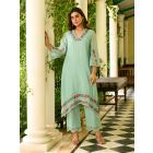 Aqua Blue Embroidered Chanderi Kurta with Pants- Set of 2