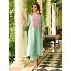 Blue Embroidered Viscose Chanderi Kurta with Pants- Set of 2