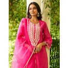 Fuchsia Embroidered Chanderi Kurta with Pants- Set of 2