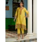 Yellow Embroidered Chanderi Kurta with Pants- Set of 2