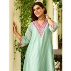 Blue Embroidered Viscose Chanderi Kurta with Pants- Set of 2