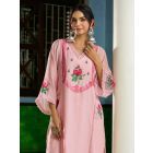 Powder Pink Embroidered Chanderi Kurta with Pants- Set of 2