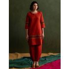 Red Embroidered Cotton Linen Kurta with Salwar - Set of 2