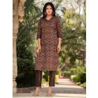 Maroon Beige Printed Cotton Kurta with Pants- Set of 2