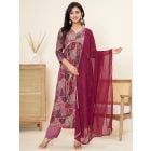 Maroon Printed Modal Suit - Set of 3