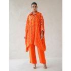 Orange Bandhani Tie and Dye Muslin Kaftan Shirt with Pants- Set of 2
