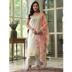 Grey Printed Cotton Linen Embroidered Suit - Set of 3