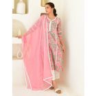 Green Pink Hand Block Printed Cotton Suit- Set of 3