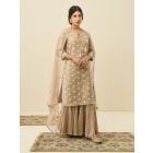 Beige Embroidered Chanderi Kurta with Cotton Sharara and Sequins Work Chiffon Dupatta - Set of 3