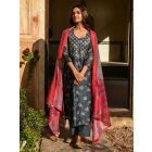 Grey Printed Chanderi Gota Patti Kurta with Cotton Pants and Red Dupatta- Set of 3