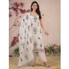 White Printed Cotton Linen Embroidered Suit - Set of 3