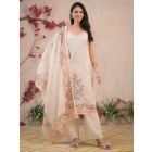 Ivory Printed Cotton Linen Embroidered Suit - Set of 3