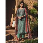 Turquoise Printed Chanderi Embroidered Kurta with Cotton Pants and Rust Dupatta- Set of 3