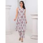Grey White Printed Cotton Kurta with Pants- Set of 2
