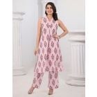 Pink White Printed Cotton Kurta with Pants- Set of 2