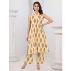 Yellow White Printed Cotton Kurta with Pants- Set of 2