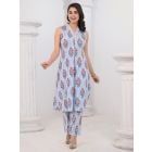 Blue White Printed Cotton Kurta with Pants- Set of 2