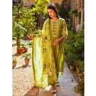 Green Printed Chanderi Mirror Work Kurta with Cotton Pants and Dupatta- Set of 3