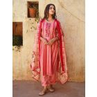 Pink Printed Chanderi Mirror Work Kurta with Cotton Pants and Dupatta- Set of 3