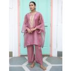 Pink Zari Embroidered Organza Silk Kaftan with Slip and Pants- Set of 2