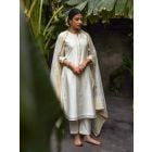 Off White Embroidered Chanderi Kurta with Cotton Pants and Brocade Dupatta - Set of 3