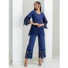 Navy Blue Lace Work Poplin Co-ord Set- Set of 2