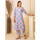 Pink Blue Printed Cotton Kurta with Pants- Set of 2