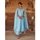 Blue Gota Patti Work Chanderi Kurta with Cotton Pants and Scalloped Dupatta - Set of 3