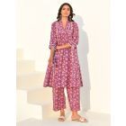Purple Hand Block Printed Cotton Kurta with Pants- Set of 2