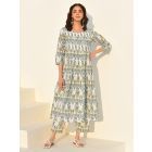 Blue White Hand Block Printed Cotton Kurta with Pants- Set of 2