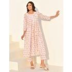 Peach Hand Block Printed Cotton Kurta with Pants- Set of 2
