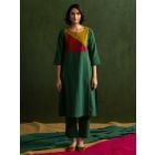 Green Color Block Cotton Linen Kurta with Pants - Set of 2