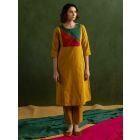 Mustard Yellow Color Block Cotton Linen Kurta with Pants - Set of 2