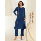 Blue Cotton Linen Kurta with Pants - Set of 2