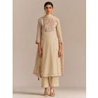 Cream Embroidered Chanderi Mul Suit - Set of 3