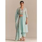 Aqua Blue Embroidered Cotton Mul Suit - Set of 3