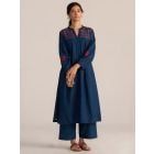 Blue Applique Work Chanderi Mul Kurta with Pants- Set of 2