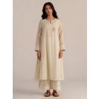 Off White Hand Embroidered Chanderi Mul Kurta with Pants- Set of 2