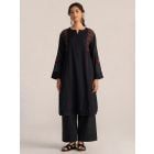 Black Embroidered Chanderi Mul Kurta with Pants- Set of 2
